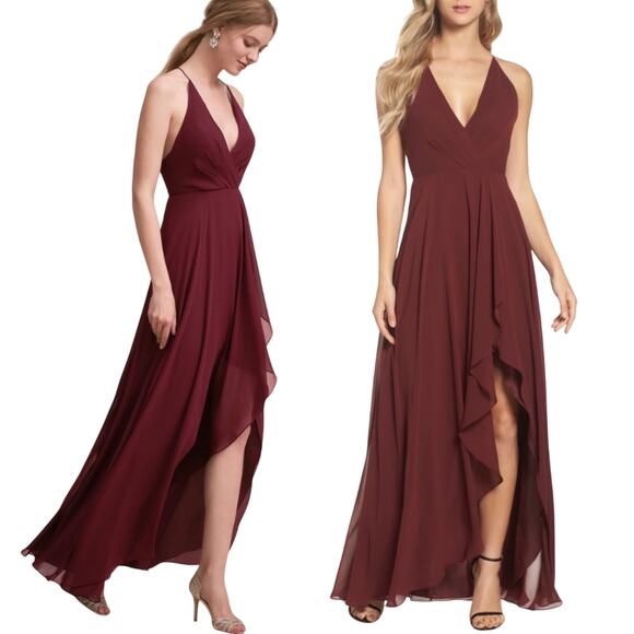 Jenny Yoo BHLDN Farrah Gown Ruffle Skirt Front Slit Chiffon Hibiscus Red NEW 4 - Picture 1 of 12